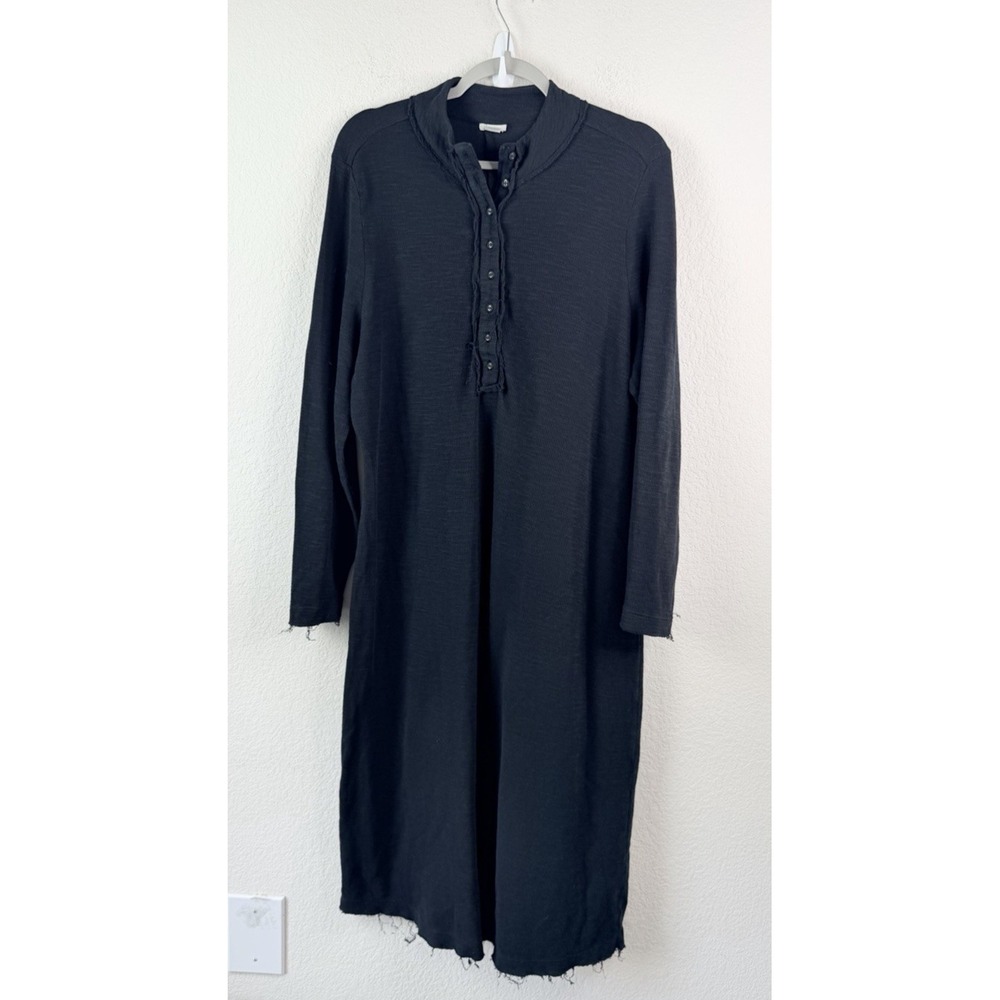 Sundance Slub Knit Cotton Henley Dress XXL Midi Black Raw Hem Boho Lagenlook